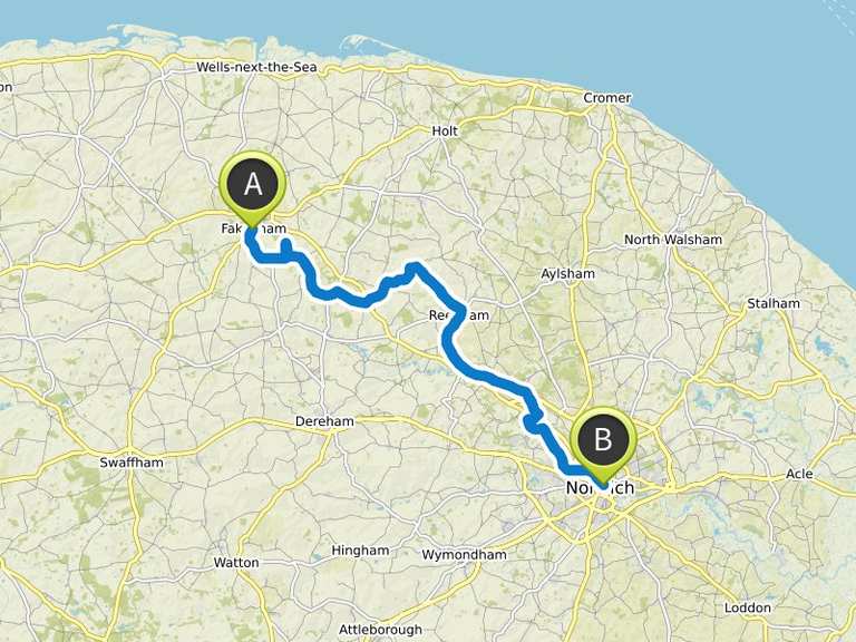 Stage 1 Fakenham to Norwich NCN 1 bike Tour Komoot
